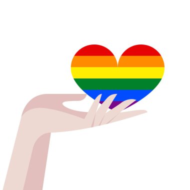 Gökkuşağı kalbi elinde. Aşk. Duygular ve duygular. Aşk işaretleri ve sembolleri. Düz vektör çizimi