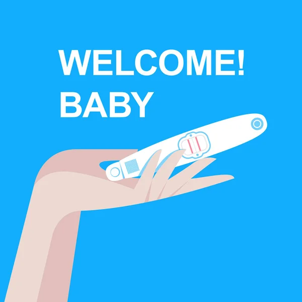 Zwangerschapstest in vrouwelijke hand met positief resultaat als twee lijnen. Het plannen van een baby, moederschap en gezondheidszorg concept. Vrouw houden zwangerschapstest. Nieuw leven, nieuwe familie. Platte vector illustratie — Stockvector