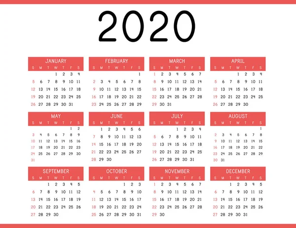 Calendario 2020 año sobre fondo blanco. Plantilla de vector simple — Vector de stock