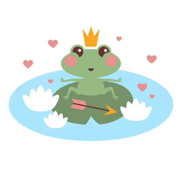 Мила принцеса жаби закохана в корону і стрілку Векторні ілюстрації для дітей. Принцеса жаба зі стрілою на озері — стоковий вектор