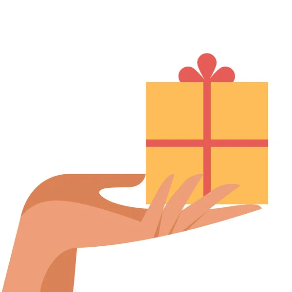 Geschenkbox in weiblicher Hand. Hand mit als Geschenk zu Weihnachten, Neujahr, Valentinstag oder Jubiläum auf weißem Hintergrund. Hände halten Geschenkbox. Glückwunsch. flache Vektorabbildung — Stockvektor