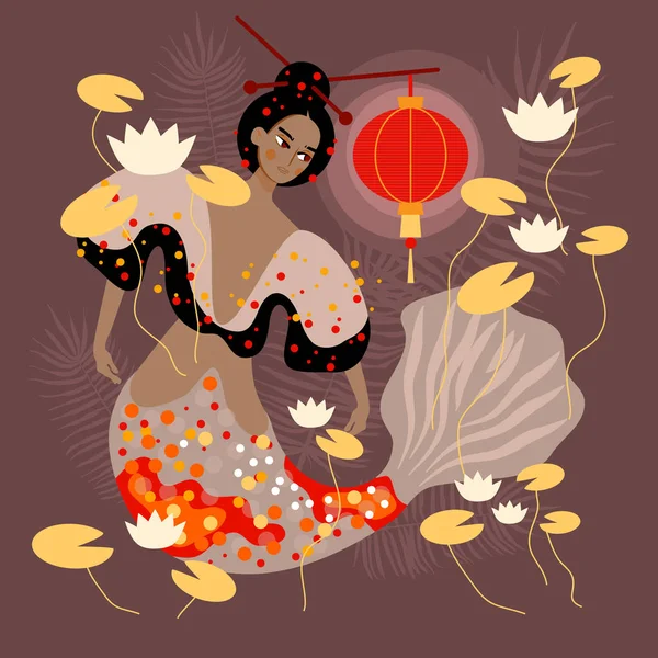 Putri duyung Cina. Ikan Koi. Bunga Lotus. Lentera kertas merah. Seni tradisional Cina. Vektor ilustrasi untuk desain Anda . - Stok Vektor