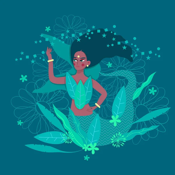 Hermosa sirena con hojas y flores. Mundo submarino. Diseño de camiseta — Vector de stock