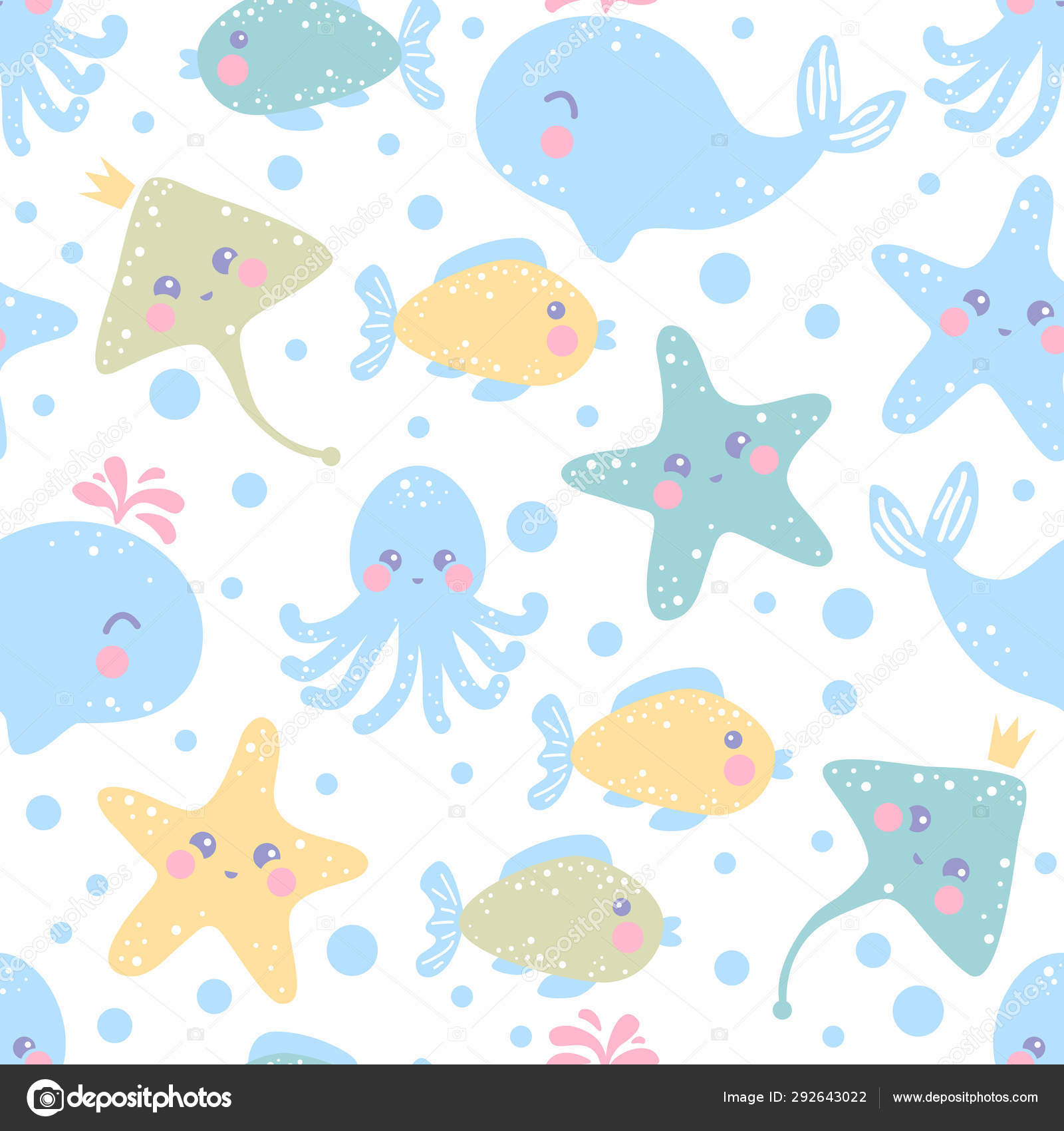 고래, 경사로, 물고기, 불가사리, 문어와 원활한 바다 패턴. 벡터 일러스트입니다. 유치 한 벡터 원활한 바다 벽지. 벽지, 패턴  채우기, 웹 페이지 배경, 표면 질감에 적합 스톡 벡터 - ©artskvortsova 292643022, image size:1600x1700