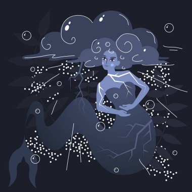 Bulut denizkızı karakter tasarımı. Fırtına, fırtına. Deniz, okyanus. Vektör çizimi