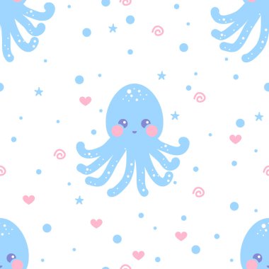 Sevimli bebek çocuk ahtapot ile dikişsiz desen. Sevimli karikatür ahtapot motifi. Vektör illustarion. Çocuksu sualtı vektör dikişsiz duvar kağıdı. Deniz ve okyanus teması