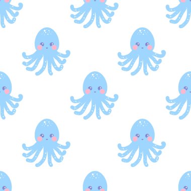 Sevimli bebek çocuk ahtapot ile dikişsiz desen. Sevimli karikatür ahtapot motifi. Vektör illustarion. Çocuksu sualtı vektör dikişsiz duvar kağıdı. Deniz ve okyanus teması