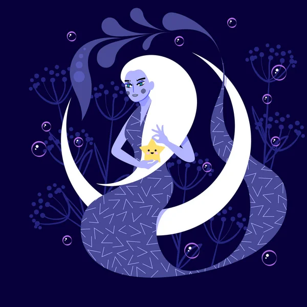 Moon Mermaid med stjärna karaktärsdesign. Havet, havet. Vektor illustration — Stock vektor