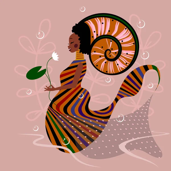 Putri duyung Afrika dengan bunga. Dunia bawah air. Putri duyung hitam. Desain untuk t-shirt, vektor ilustrasi. Desain tradisional Afrika - Stok Vektor