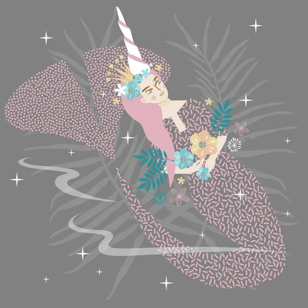 Unicorn zeemeermin met prinses kroon en bloemen. Platte vector illustratie. Mooie zeemeermin met koningin kroon. Onderwater wondere wereld — Stockvector