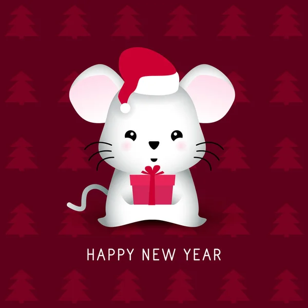 С Новым годом. Крыса. 2020 год. Мышь в красной шляпе Санта с подарочной коробкой. 2020 Китайский новогодний символ. С Новым годом и Рождеством! Рождественская ёлка — стоковый вектор