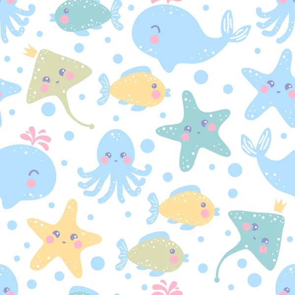 Seamless sea pattern with whale, ramp, fish, starfish, octopus. Vector illustarion. Childish vector seamless ocean wallpaper. Perfect for wallpaper, pattern fill, web page backgrounds, surface texture — Stock Vector