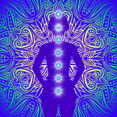 Yedi çakra noktası, enerji gövdesi. Yoga meditasyonu. Vücuttafarklı Çakralar konumu. Kök, Göbek, Solar pleksus, Kalp, Boğaz, Üçüncü göz, Taç. Temel insan çakra sistemi