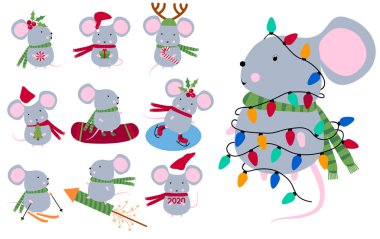 Fare, Fare burç işareti. Rat 2020 Çin yılı. Fare Mutlu Yıllar. Büyük Noel seti. Sembol çin mutlu yeni yıl 2020 konsept görüntüsü