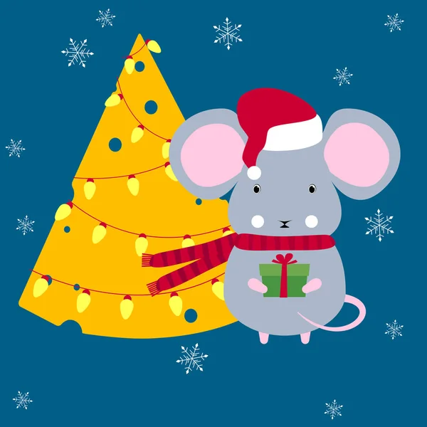 Feliz Año Nuevo 2020. Año nuevo chino símbolo rata o ratón y queso árbol de Navidad. Tarjeta de felicitación de Navidad 2020. Ratón gris lindo con caja de regalo y sombrero de Santa Claus — Archivo Imágenes Vectoriales