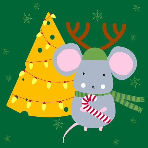 Feliz Año Nuevo 2020. Rata o ratón con queso árbol de Navidad. Símbolo chino de año nuevo de 2020 — Archivo Imágenes Vectoriales