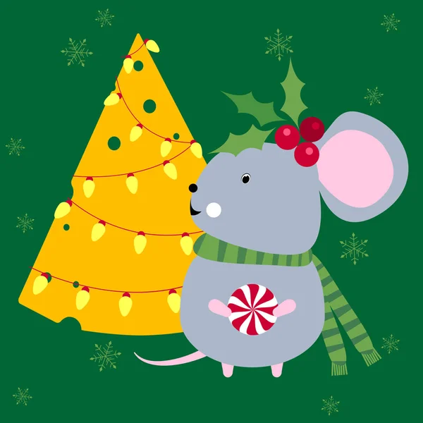Feliz Año Nuevo 2020. Lindo ratón gris o rata con queso árbol de Navidad. 2020. Chino símbolo de año nuevo de 2020. Feliz Navidad. Horóscopo tradicional chino, signo del zodíaco — Archivo Imágenes Vectoriales