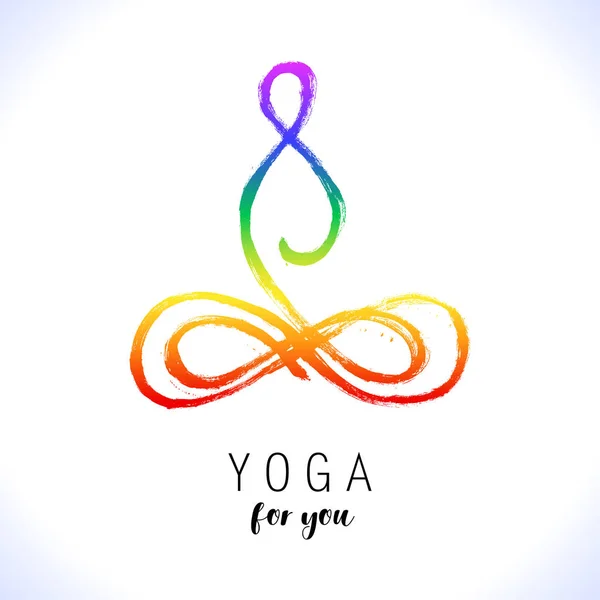 Yoga posa loto, disegnato a mano yoga amore stilizzato logo icona vettoriale per la scuola, centro, classe. Figura seduta in una posa di loto. Stile orientale pennellata. 7 colori di chakra — Vettoriale Stock