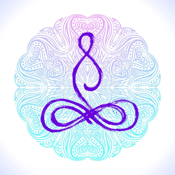 Yoga Lotus pose, handritade yoga kärlek stiliserade vektor ikon logotyp för skolan, Center, klass. Figur sitter i en Lotus pose. Orientalisk penseldrag stil. Mandala — Stock vektor