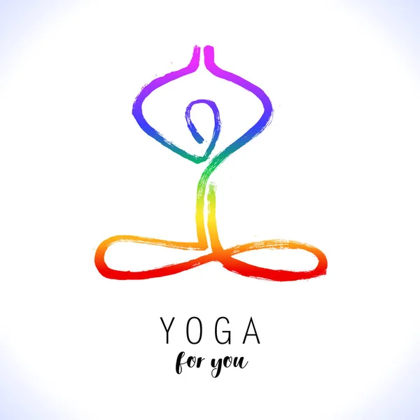 Yoga Lotus pose, handritade yoga kärlek stiliserade vektor ikon logotyp för skolan, Center, klass. Figur sitter i en Lotus pose. Orientalisk penseldrag stil. 7 färger Chakra — Stock vektor