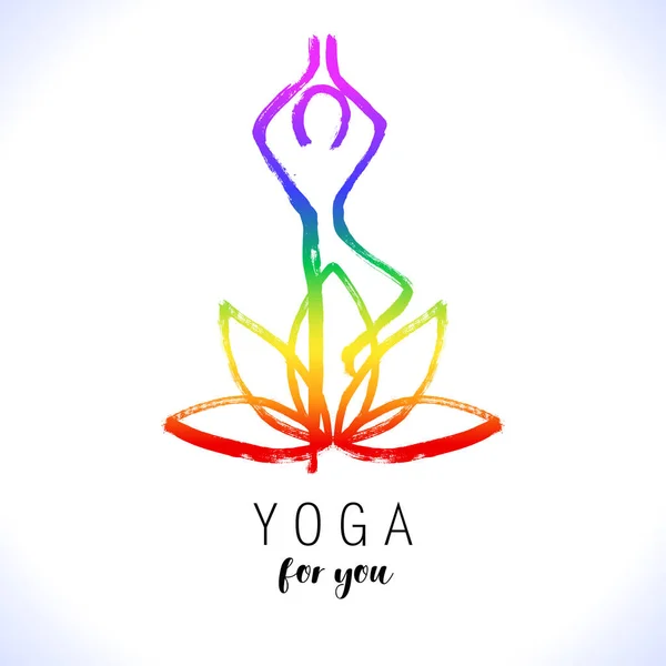 Yoga-Baum-Pose, Lotusblume, handgezeichnete Yoga-Liebe stilisiertes Vektor-Symbol-Logo für Schule, Zentrum, Klasse. Figur, die in Baumpose sitzt. orientalischer Pinselstil. 7 Farben des Chakra — Stockvektor