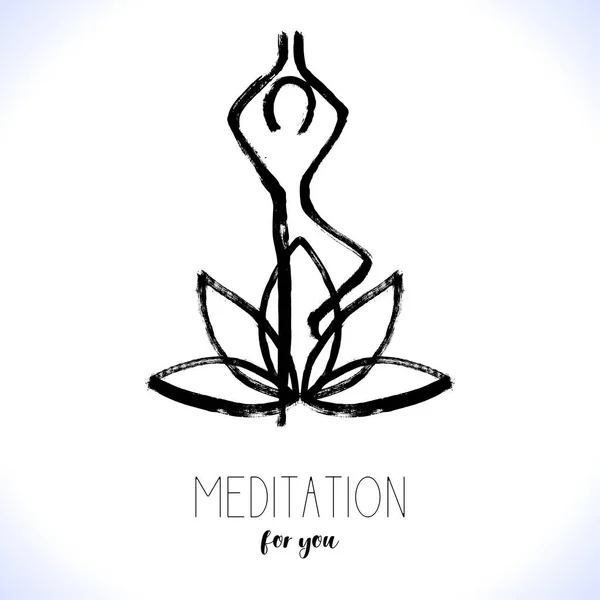 Yoga albero posa, fiore di loto, disegnato a mano yoga amore stilizzato logo icona vettoriale per la scuola, centro, classe. Figura seduta in una posa albero. Stile pennellata orientale — Vettoriale Stock