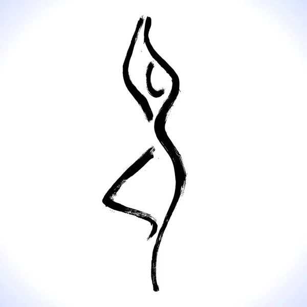 Postura del árbol del yoga, yoga dibujado a mano amor estilizado vector icono logotipo para la escuela, centro, clase. Figura haciendo yoga y de pie en una pose de árbol — Archivo Imágenes Vectoriales