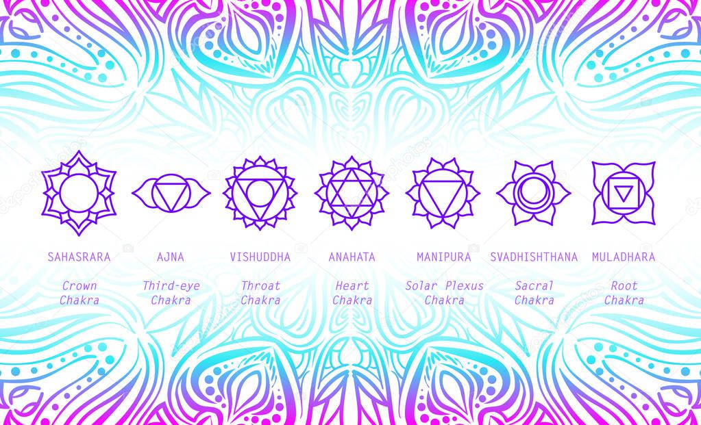 Basic human chakra system. 7 chakras. Set of seven chakra symbols of human body. Root, Navel, Solar plexus, Heart, Throat, Third eye, Crown