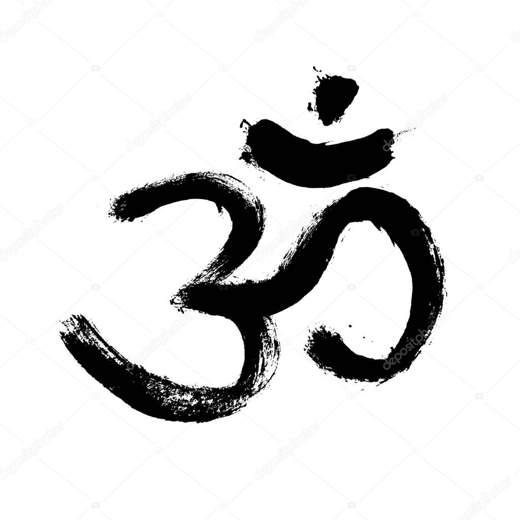 Aum (Om) The Holy Motif Calligraphic Style. Sacred religious symbol in Hinduism, hand drawn sanskrit mantra Om. Word of power. The symbol of the divine triad of Brahma, Vishnu, Shiva