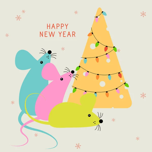 Feliz año nuevo. 2020. Ratón o rata con queso árbol de Navidad. Tarjeta de felicitación de año nuevo para 2020. Símbolo chino de año nuevo 2020 — Vector de stock