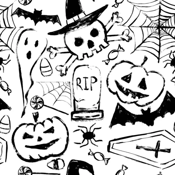 Padrão de Halloween sem costura. Símbolos desenhados à mão de Halloween — Vetor de Stock