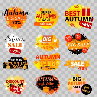 Sonbahar satışı arka planı sarı, kırmızı yapraklı. Sonbahar sezonu alışverişi. Şeffaf arkaplan üzerine el yazısı çizilmiş en iyi 12 simge seti. İndirim promosyonlu vektör illüstrasyonu