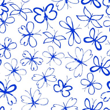 Kelebekli, kusursuz bir desen. Mavi mürekkep. Sketchy Hand çizilmiş grafik baskısı. Kelebek tasarımı