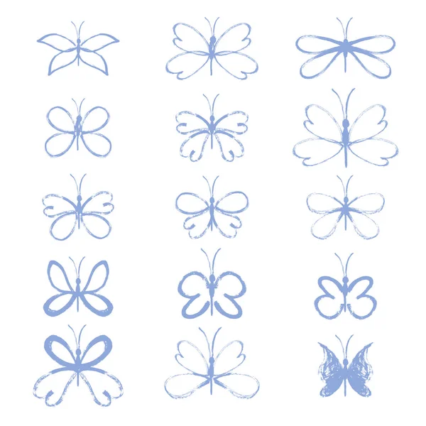 Vlinder. Een set vector blauwe inkt vlinders. Vlinders collectie. Handgetekende vlinders. Insect geïsoleerd op een witte achtergrond — Stockvector