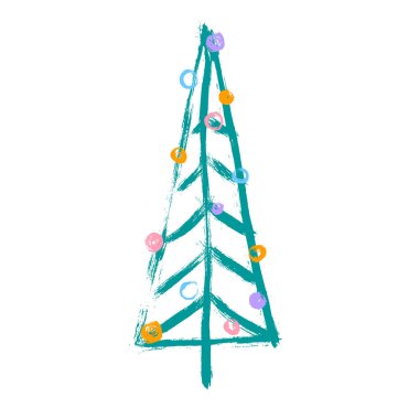 Toplarla süslenmiş Noel ağacı. Mutlu noeller. Beyaz arka planda Noel ağacı. Tasarımınız için vektör illüstrasyonu. Grunge, el çizimi.