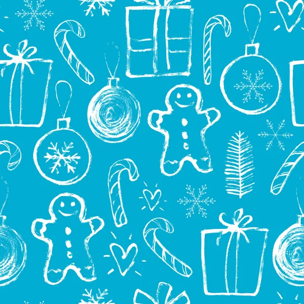 Patrón sin costuras. Navidad y Año Nuevo símbolos de vacaciones de invierno. Bola de Navidad, caja de regalo, bastón de caramelo dulce, galleta de jengibre, ramitas de abeto, copos de nieve. Fondo vectorial — Vector de stock