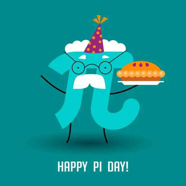 ¡Feliz Día del Pi! Celebra el Día del Pi. Constante matemática. 14 de marzo (3,14). La relación de la circunferencia de los círculos a su diámetro. Número constante Pi y pastel — Vector de stock