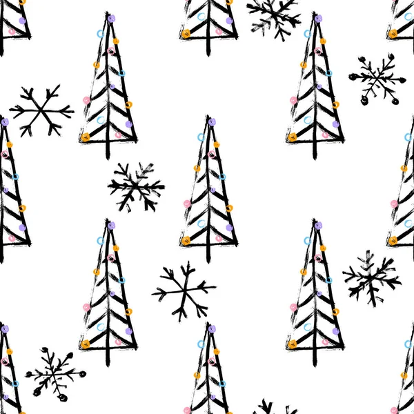 Padrão desenhado à mão sem costura com árvore de Natal e flocos de neve. Ilustração vetorial para o seu design. Perfeito para papéis de parede, enchimentos padrão, fundos da página web, texturas de superfície, têxtil — Vetor de Stock