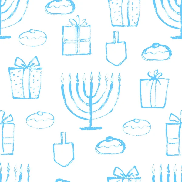 Padrão azul Hanukkah sem costura com dreidels de madeira, donuts, caixas de presente e menorah (Candelabra tradicional). Feliz Hanukkah, fundo feriado judaico —  Vetores de Stock