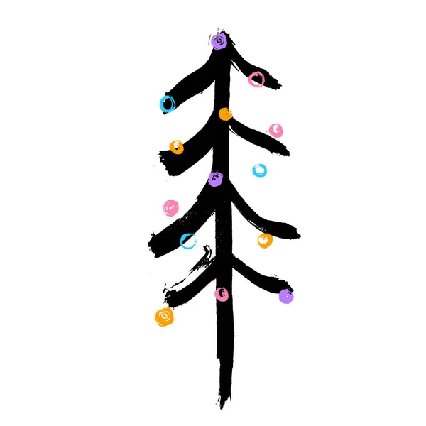 Árvore de Natal decorada com bolas. Feliz Natal. Árvore de Natal em fundo branco. Ilustração vetorial para o seu design. Grunge, desenhado à mão —  Vetores de Stock