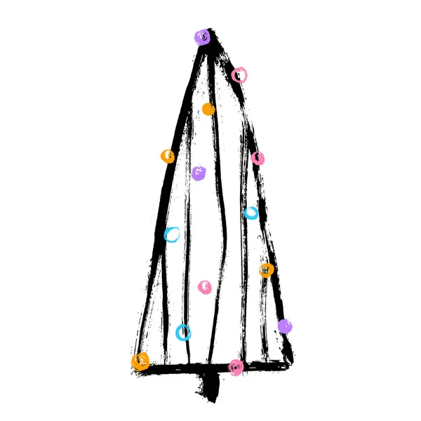 Geschmückter Weihnachtsbaum mit Kugeln. Frohe Weihnachten. Weihnachtsbaum auf weißem Hintergrund. Vektor-Illustration für Ihr Design. Grunge, handgezeichnet — Stockvektor