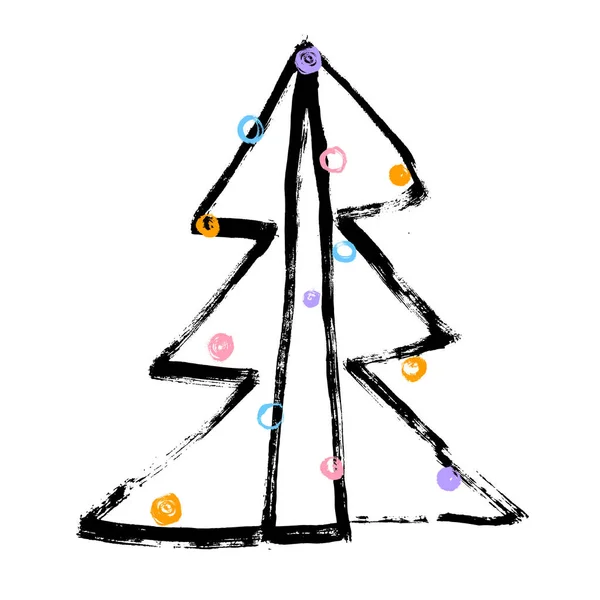 Geschmückter Weihnachtsbaum mit Kugeln. Frohe Weihnachten. Weihnachtsbaum auf weißem Hintergrund. Vektor-Illustration für Ihr Design. Grunge, handgezeichnet — Stockvektor