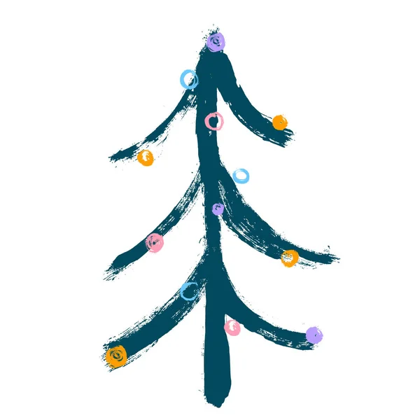 Albero di Natale decorato con palline. Buon Natale. Ciao. Albero di Natale su sfondo bianco. Illustrazione vettoriale per il vostro disegno. Grunge, disegnato a mano — Vettoriale Stock