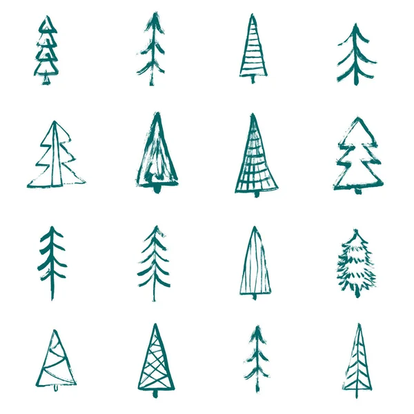 Set geschmückter Weihnachtsbäume mit Kugeln. Frohe Weihnachten. Weihnachtsbaum auf weißem Hintergrund. Vektor-Illustration für Ihr Design. Grunge, handgezeichnet — Stockvektor