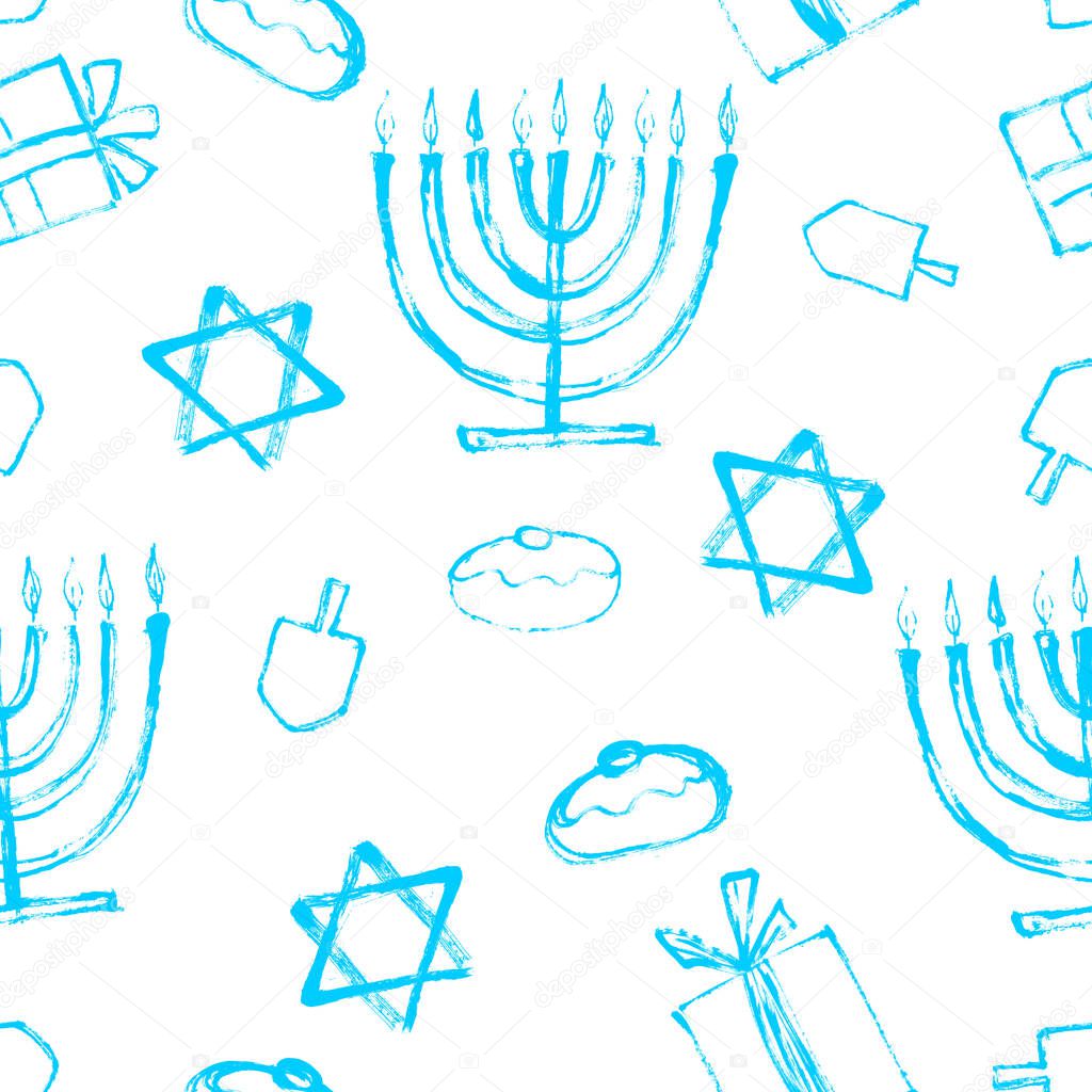 Seamless Hanukkah blue pattern with wooden dreidels, donuts, gift boxes and menorah (traditional Candelabra). Happy Hanukkah, Jewish holiday background