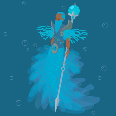 Denizkızı, deniz adamı, savaşçı. Deniz, okyanus. Vektör illüstrasyonu