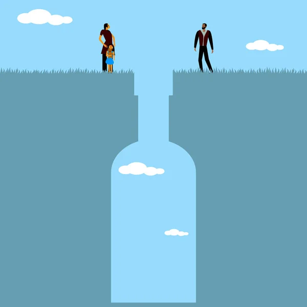 酒精和家庭 视觉成瘾酗酒 酗酒问题 喝醉了的男人 母亲和孩子离开了酒鬼的父亲 平面风格的概念向量说明 — 图库矢量图片