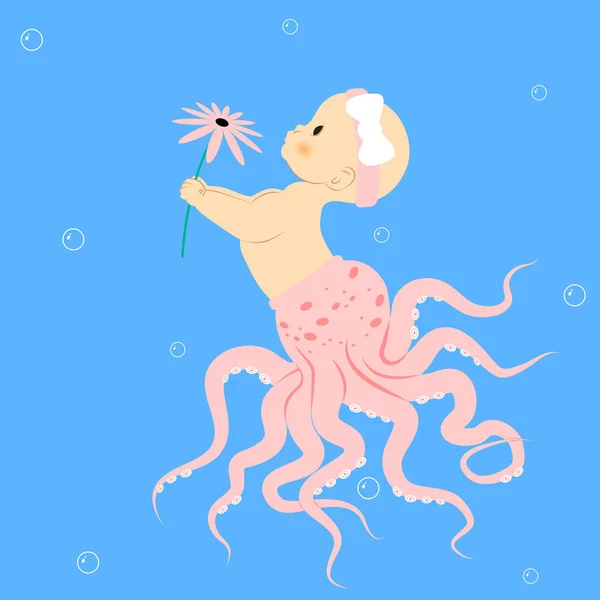 Zeemeermin Meisje Baby Kind Octopus Zee Oceaan Vectorillustratie — Stockvector