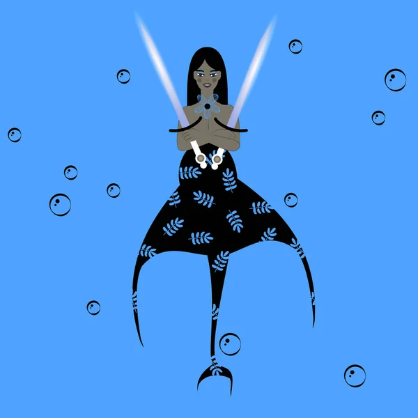 Menina Sereia Com Espadas Mar Oceano Ilustração Vetorial — Vetor de Stock