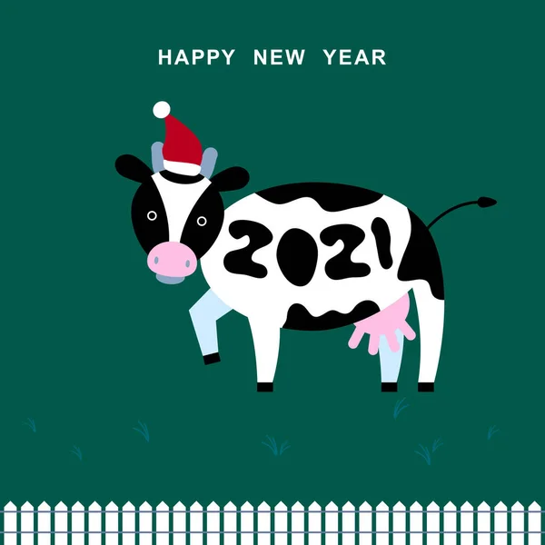 2021年 新年明けましておめでとう 2021黒と白の牛 中国の旧正月のシンボル カレンダー ファームデザイン 緑の草の背景 2021年グリーティングカードのデザイン — ストックベクタ